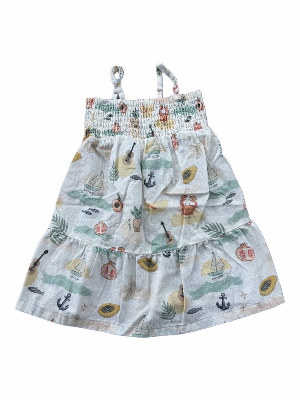Little Co. Size 3T Linen Blend Smocked Top Beach Ocean Vacation Print Tank Dress